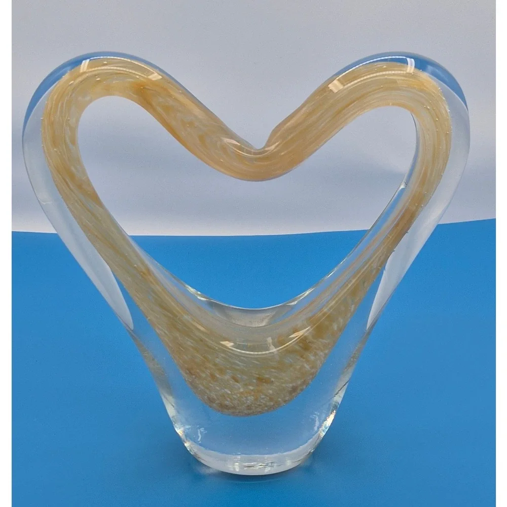 Vintage Heart Art Glass Vase Amber Gold Swirl Hand Blown Heavy Centerpiece Decor
